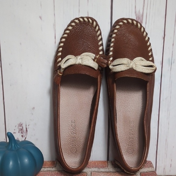 Fat Face British Brown Leather Loafers Women's 8.5 Cream Bow Stitching‎ Heritage - Picture 8 of 16